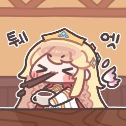  >_< 1girl blonde_hair blush_stickers braid cape chibi chibi_only coffee commentary_request crown cup detached_wings erpin_(trickcal) holding holding_cup indoors korean_commentary long_hair monyami mug red_cape solo spitting trickcal upper_body wings 