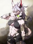  1girl abs blood breasts claws female furry muscle pointy_ears red_eyes silver_hair solo tail takatsuki_nato toned 