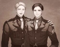  2boys 3sgn0f animification belt breast_pocket bucky_barnes buttons captain_america:_the_first_avenger captain_america_(series) closed_eyes closed_mouth collared_shirt commentary_request fingernails greyscale half-closed_eyes hand_on_another's_shoulder hand_up jacket korean_commentary lapels lips long_sleeves looking_at_viewer male_focus marvel military military_jacket military_rank_insignia military_uniform monochrome multiple_boys necktie open_mouth pocket shirt short_hair simple_background smile steve_rogers tongue united_states_army upper_body 