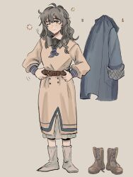  1girl ;| belt blue_coat blue_eyes boots brown_belt brown_boots brown_hair closed_mouth coat dress full_body grey_background hand_on_belt highres long_dress long_hair looking_at_viewer marcus_(reverse:1999) mogufuuri mole mole_under_eye no_shoes one_eye_closed reverse:1999 socks solo squeans standing unworn_boots unworn_coat white_dress white_socks 