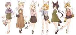  0nanaten 6+girls absurdres animal_ears bag black_hair black_serval_(kemono_friends) blonde_hair brown_hair cat_ears cat_girl cat_tail dress extra_ears full_body grey_hair highres kemono_friends long_hair looking_at_viewer multiple_girls orange_hair pallas's_cat_(kemono_friends) sand_cat_(kemono_friends) sandals serval_(ex4)_(kemono_friends) serval_(kemono_friends) shirt shoes short_hair shorts simple_background skirt socks tail white_serval_(kemono_friends) yellow_eyes 