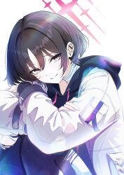  1girl absurdres bandaged_neck bandages barbell_piercing black_hoodie black_pants blue_archive brown_eyes brown_hair closed_mouth commentary crossed_arms ear_piercing from_side halo highres himmel_gewalt hood hoodie industrial_piercing jacket knees_up long_sleeves looking_at_viewer looking_to_the_side misaki_(blue_archive) pants piercing red_halo short_hair simple_background sitting sleeves_past_wrists smile solo torn_clothes torn_pants white_background white_jacket 