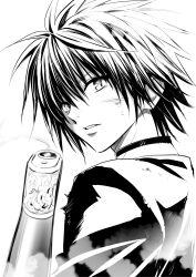  1boy black_cat_(series) black_choker choker commentary_request expressionless greyscale gun highres looking_at_viewer monochrome official_art short_hair simple_background sketch smoke smoking_barrel solo train_heartnet weapon white_background yabuki_kentarou 