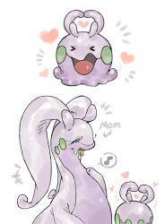  >_< +++ antennae arrow_(symbol) blush closed_eyes commentary english_text goodra goomy heart heart_antennae highres multiple_views musical_note no_humans open_mouth pani_5750 pokemon pokemon_(creature) simple_background spoken_musical_note untranslatable_commentary white_background 