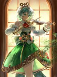  1girl appo_mk bow_(music) cecilia_immergreen cecilia_immergreen_(1st_costume) colored_inner_hair commentary detached_collar detached_sleeves doll_joints dress green_dress green_eyes green_hair grey_hair highres holding holding_bow_(music) holding_instrument holding_violin hololive hololive_english instrument joints multicolored_hair music musical_staff musical_staff_print playing_instrument smile sunset untranslatable_commentary violin virtual_youtuber winding_key window 