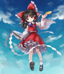  1girl absurdres ascot between_fingers black_shoes bloomers blue_ascot blue_sky bow brown_eyes brown_hair closed_mouth clouds commentary_request day detached_sleeves frilled_bow frilled_hair_tubes frilled_skirt frills full_body gohei hair_bow hair_tubes hakurei_reimu highres holding holding_gohei holding_ofuda long_hair looking_at_viewer mary_janes ofuda ofuda_between_fingers red_bow red_skirt ribbon-trimmed_sleeves ribbon_trim shoes skirt skirt_set sky socks solo tachibana_yae_(kanzaki_kura) touhou white_bloomers white_socks 