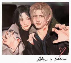  1boy 1girl ada_wong beard_stubble black_coat black_hair black_shirt blue_eyes brown_hair character_name claw_pose closed_mouth coat commentary couple facial_hair fur-trimmed_coat fur_trim grey_coat grey_hair hand_on_another's_shoulder hetero highres husband_and_wife jewelry leon_s._kennedy lipstick_mark lipstick_mark_on_neck nail_polish nikkannie parted_lips polaroid_photo red_lips red_nails resident_evil resident_evil_requiem ring shirt smile stubble untranslatable_commentary upper_body 