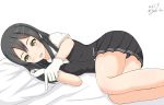  1girl black_hair black_skirt dated eyebrows gloves hair_ornament hairclip kantai_collection linfa_lm long_hair lying on_side open_mouth oyashio_(kantai_collection) pleated_skirt shirt simple_background skirt solo twitter_username vest white_background white_gloves yellow_eyes 