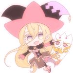  1girl blonde_hair book card detached_sleeves feather_boa hat long_hair magilou_(tales) open_mouth panties pink_eyes pointy_ears shoes tales_of_(series) tales_of_berseria thigh-highs underwear violet_eyes witch_hat 