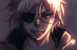  1boy chainsaw_man cigar commentary denji_(chainsaw_man) english_commentary eyepatch jacket male_focus open_mouth portrait profilicnekro shade sharp_teeth smile solo teeth unlit_cigarette_in_mouth 