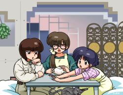 3girls :o ^_^ blue_hair brown_eyes brown_hair cat closed_eyes commentary_request low_side_ponytail multiple_girls open_mouth ranma_1/2 short_hair siblings sisters table teapot tendou_akane tendou_kasumi tendou_nabiki wanta_(futoshi) 