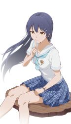  1girl absurdres blue_hair blue_neckerchief blue_skirt breasts brown_eyes closed_mouth commentary_request enola_013 finger_to_mouth floating_hair hair_ornament hairclip highres long_hair looking_at_viewer love_live! love_live!_school_idol_project miniskirt neckerchief sailor_collar sailor_shirt shirt short_sleeves simple_background sitting skirt smile solo sonoda_umi white_background white_sailor_collar white_shirt 