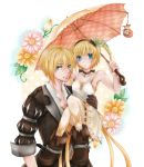  1boy 1girl bare_shoulders blonde_hair blue_eyes boots breasts brother_and_sister dragon dress edna_(tales) eizen_(tales) flower gloves hairband short_hair side_ponytail tales_of_(series) tales_of_berseria tales_of_zestiria umbrella 