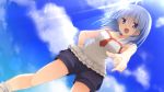 1girl ahoge artist_request artist_request blue_eyes blue_hair clouds female game_cg highres imouto_no_katachi meta_(imouto_no_katachi) pointing shorts sky socks solo sphere white_hair 