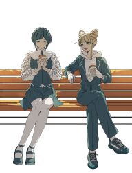 2girls absurdres backlighting blonde_hair blue_eyes blue_hair blue_jumpsuit blue_shoes blue_skirt closed_eyes collared_shirt commentary_request cone_hair_bun cookie_telo croquette double_bun eating food frilled_shirt frilled_sleeves frills fukurai_azami full_body hair_bun highres holding holding_food hood hood_down jasmine_(toshi_densetsu_kaitai_center) jumpsuit korean_commentary long_sleeves looking_at_another multiple_girls on_bench open_mouth pantyhose shirt shoes short_hair sitting skirt smile sneakers toshi_densetsu_kaitai_center vest white_background white_pantyhose 