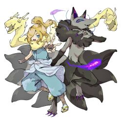  0gogyu0wi961654 1boy black_fur black_gloves black_sclera blonde_hair blue_eyes blue_pants blue_shirt colored_sclera commentary_request fingerless_gloves furry gloves hair_over_one_eye hikariorochi kitsune kyuubi looking_at_viewer multiple_tails open_mouth pants sandals shirt simple_background socks tail violet_eyes white_background yamikyuubi youkai_(youkai_watch) youkai_watch 