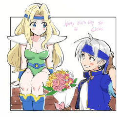  1boy 1girl arm_behind_head armor blonde_hair blue_boots blue_eyes blue_headband blue_jacket blush boots bouquet breasts brick_wall brown_eyes brown_gloves celes_chere character_name commentary dede_(qwea_00000) final_fantasy final_fantasy_vi fingerless_gloves flower gloves green_leotard grey_hair happy_birthday headband hetero holding holding_bouquet jacket leotard locke_cole long_hair looking_at_another medium_breasts on_wall parted_bangs parted_lips pink_flower pink_rose rose shirt short_hair shoulder_armor sidelocks sitting smile untranslatable_commentary white_background white_shirt yellow_flower 