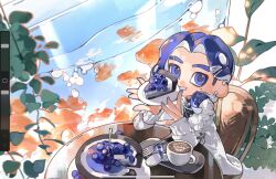  1boy aquarium art_program_in_frame blue_eyes blue_pupils blueberry blueberry_pie chair coffee coffee_mug commentary cup dessert eggykoo0821 eyebrow_cut fish food fork fruit goldfish highres latte_art looking_at_viewer male_focus mole mole_under_mouth mug octoling octoling_boy octoling_player_character on_chair pie sitting smile solo splatoon_(series) spoon table tentacle_hair thick_eyebrows untranslatable_commentary water white_background 