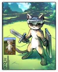  :3 artdeitech blurry blurry_background body_fur bokeh cat clouds colored_sclera depth_of_field digitigrade ears_through_headwear furry grass highres holding holding_shield holding_sword holding_weapon meme minecraft minecraft_(style) minecraft_shield minecraft_sword parody shield standing sword tree weapon yellow_sclera 