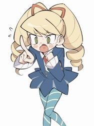  1girl :o @_@ blonde_hair blue_dress blue_pantyhose blush bow clenched_hand dress drill_hair green_eyes hair_bow heart heart_in_mouth highres index_finger_raised ketsu_juuji_killer_(kejuki) long_hair long_sleeves looking_at_viewer luna_platz_(mega_man) mega_man_(series) mega_man_star_force_(series) pantyhose solo striped_clothes striped_pantyhose twin_drills twintails white_background 