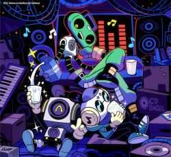  3boys beamed_eighth_notes black_boots black_pants blue_jacket blue_shoes boots cap'n_(deltarune) commentary computer_keyboard crossed_legs cup deltarune drink_carton drinking_glass eighth_note english_commentary green_pants hat holding holding_cup holding_milk_carton hood hooded_jacket instrument jacket k_k_(deltarune) keyboard_(instrument) milk_carton monitor multiple_boys musical_note nelnal one_eye_closed open_clothes open_jacket open_mouth pants purple_hat shoes sitting sneakers speaker subwoofer sunglasses sweet_(deltarune) teeth upper_teeth_only utdr_(toby_fox) 
