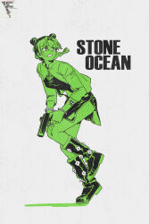  1girl boots braid coat commentary_request copyright_name cuffs double_bun full_body gijojogi gun hair_bun handcuffs handgun highres jacket jojo_no_kimyou_na_bouken korean_commentary kujo_jolyne looking_back miniskirt monochrome multicolored_hair partially_colored single_braid skirt solo stone_ocean two-tone_hair weapon 