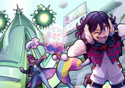  2boys absurdres adapted_costume aircraft belt blacephalon black_belt blue_jacket blue_pants capelet celesteela checkered_capelet collarbone covering_own_ears crossover crowd danganronpa_(series) danganronpa_v3:_killing_harmony dirigible facial_hair fighting glowing goatee great_ball hair_between_eyes highres jacket jacket_on_shoulders jumbotron long_sleeves male_focus momota_kaito multiple_boys non-web_source oma_kokichi one_eye_closed open_mouth outstretched_arm pants pointing poke_ball poke_ball_symbol pokemon pokemon_(creature) pokemon_battle pouch purple_hair purple_jacket shinina shirt short_hair smile spiky_hair stadium teeth thigh_pouch two-tone_capelet v-shaped_eyebrows waist_poke_ball white_shirt 