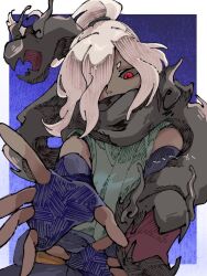  0gogyu0wi961654 1boy black_sclera black_skin blue_gloves colored_sclera colored_skin fingerless_gloves gloves hair_over_one_eye japanese_clothes kageorochi looking_at_viewer red_eyes solo upper_body white_hair youkai_(youkai_watch) youkai_watch 