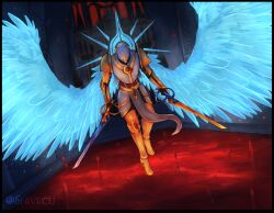  1boy absurdres angel armor black_border blood blue_wings border commentary cross english_text feathered_wings full_armor gabriel_(ultrakill) highres holding holding_sword holding_weapon oversized_wings pelvic_curtain pool_of_blood shivecu shoulder_armor solo sword twitter_username ultrakill weapon wings 