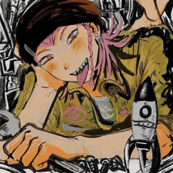  1boy black_hat braid braided_sidelock burokori collared_jacket commentary danganronpa_(series) danganronpa_2:_goodbye_despair earrings grey_shirt hand_on_own_face hat highres jacket jewelry long_hair looking_at_viewer male_focus monochrome_background open_mouth partially_colored pink_eyes pink_hair sharp_teeth shirt sketch smile soda_kazuichi solo stud_earrings teeth tongue tongue_out yellow_jacket 