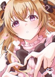  1girl :o black_bow black_bowtie black_ribbon blush bow bowtie brown_hair commentary_request cooking_with_love four-finger_heart_hands frilled_shirt frills hair_ribbon heart heart_hands highres jirai_kei konoe_kanata looking_at_viewer love_live! love_live!_nijigasaki_high_school_idol_club open_mouth pink_shirt pixel_heart ribbon ryuuka_(moriryuuuuu24) shirt solo two_side_up upper_body violet_eyes watermark 