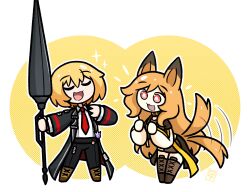  2girls animal_ears arknights badge blonde_hair brown_hair brown_shoes button_badge ceobe_(arknights) chibi dog_ears dog_girl dog_tail don_quixote_(project_moon) dress highres holding holding_weapon jacket lance limbus_company long_hair multiple_girls mumei518 necktie open_mouth polearm project_moon red_eyes red_necktie shirt shoes short_dress short_hair smile tail weapon white_shirt 