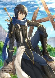  1boy :| amaki_ren arm_on_knee armor artist_name black_armor black_gloves black_hair black_shirt blue_boots blue_eyes blue_pants blue_scarf blue_sky boots breastplate closed_mouth clouds cloudy_sky coat commentary commission double-parted_bangs english_commentary foot_out_of_frame gloves hair_between_eyes high_heel_boots high_heels knee_up legendary_sword_(small_sword)_(tate_no_yuusha_no_nariagari) legendary_sword_(tate_no_yuusha_no_nariagari) looking_at_viewer male_focus on_rock open_clothes open_coat outdoors pants pauldrons scarf serious shin_guards shirt short_hair shoulder_armor single_pauldron sitting sky solo spiked_pauldrons spikes straight_hair sword sword_on_back tate_no_yuusha_no_nariagari twitter_username v-shaped_eyebrows villyane watermark weapon weapon_on_back web_address white_coat 
