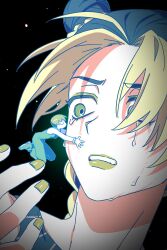 2girls black_hair blonde_hair braid colored_lineart commentary_request double_bun eyeshadow foo_fighters_(jojo) ghost gijojogi green_eyes green_eyeshadow green_hair green_lips green_nails hair_bun highres jojo_no_kimyou_na_bouken kiss kissing_cheek korean_commentary kujo_jolyne makeup mini_person minigirl multicolored_hair multiple_girls overalls stone_ocean tears two-tone_hair 