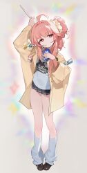  +_+ 1girl :t ahoge akirayang23 animal_print arm_up black_shoes black_skirt blue_archive blurry blurry_background cat_print closed_mouth commentary drink_carton drinking_straw drinking_straw_in_mouth drumsticks full_body hair_bun hair_intakes hair_ornament hair_scrunchie hand_up highres holding holding_drumsticks holding_milk_carton jacket kneehighs loafers long_hair long_sleeves looking_at_viewer loose_socks milk_carton miniskirt natsu_(band)_(blue_archive) natsu_(blue_archive) official_alternate_costume official_alternate_hairstyle open_clothes open_jacket pink_hair pleated_skirt print_shirt red_eyes scrunchie shirt shoes sidelocks simple_background single_hair_bun skirt socks solo standing tsurime white_jacket white_shirt white_socks wide_sleeves yellow_scrunchie 