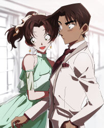  1boy 1girl absurdres arm_hug ascot blurry blurry_background brown_hair collarbone commentary_request dress glint green_dress green_eyes hattori_heiji highres jacket long_sleeves meitantei_conan official_style open_mouth ponytail red_ascot ribbon short_hair tan tkc_(tkoshinchan) tooyama_kazuha white_jacket white_ribbon 