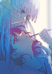  2girls absurdres blue_eyes closed_mouth commentary_request eye_contact hand_on_another's_shoulder highres holding holding_pen hydroxy_122 long_hair looking_at_another multiple_girls original parted_lips pen purple_hair school_uniform serafuku short_hair smile white_hair yuri 