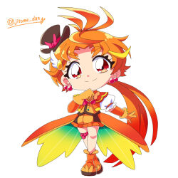  1boy antenna_hair arm_up artist_name bare_legs black_hat blonde_streaks blush boots brooch capelet chibi chibi_only coattails commentary cropped_jacket crossed_legs cure_wing earrings frilled_shorts frills full_body gloves hair_ornament hand_on_own_chest hat hirogaru_sky!_precure jacket jewelry long_hair looking_at_viewer low_ponytail magical_boy male_focus mini_hat mini_top_hat multicolored_hair open_clothes open_jacket orange_boots orange_capelet orange_eyes orange_gloves orange_hair orange_jacket orange_shorts orange_vest ponytail precure puffy_short_sleeves puffy_sleeves red_ribbon ribbon short_sleeves shorts signature simple_background smile soboro_(jitome_dan) solo sphere_earrings split_mouth streaked_hair tailcoat thick_eyebrows tilted_headwear top_hat trap twitter_username v-shaped_eyebrows very_long_hair vest white_background wing_brooch wing_hair_ornament yuunagi_tsubasa 