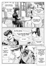  2boys black_hair diamond_wa_kudakenai earrings gakuran hat heart higashikata_josuke highres jewelry jojo_no_kimyou_na_bouken kujo_jotaro male_focus monochrome multiple_boys nipple_zipper open_mouth outdoors peace_symbol pompadour rimmybone school_uniform shirt smile table uncle_and_nephew 