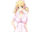  1girl ayase_hazuki blonde_hair blue_eyes blush breasts cleavage collarbone cosplay cowboy_shot eyebrows eyebrows_visible_through_hair game_cg hat highres large_breasts looking_at_viewer nise_bitch nurse nurse_cap scrunchie serious simple_background solo standing twintails uniform white_background 