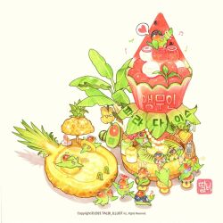  ^^^ animal banana bartender bird chibi chibi_only cocktail_shaker cocktail_umbrella commentary_request copyright_notice cup dj dragon_fruit drinking_glass drinking_straw flower flower_necklace food fruit hawaiian_shirt heart holding holding_cocktail_shaker ice ice_cube juice korean_commentary leaf lei musical_note no_humans on_food original parrot pineapple shirt simple_background spoken_heart star_(symbol) sunglasses surfboard talbi watermark watermelon white_background 