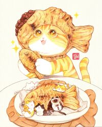  +_+ animal animal_focus baby_animal cat colorpoint_(pattern) commentary_request fangs fish_hat food food_focus highres holding holding_food kitten korean_commentary no_humans on_food open_mouth original plate red_bean_paste sparkle tabby_cat taiyaki talbi wagashi watermark 