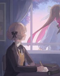  2girls black_hair blue_eyes blue_sweater blush book bow braid braided_bun brown_hair bulletin_board bun_with_braided_base cardigan chair classroom collared_shirt columbina_(genshin_impact) desk doodle_inset english_commentary genshin_impact hair_bow hair_bun hair_flaps hair_ornament head_out_of_frame heart highres kayveris long_hair long_sidelocks looking_at_another multicolored_hair multiple_girls neckerchief open_cardigan open_clothes out_of_frame pencil pencil_case purple_hair purple_streaks sandrone_(genshin_impact) school_chair school_desk school_uniform shirt short_hair short_hair_with_long_locks sidelocks streaked_hair sweater tree two-tone_hair very_long_hair window yellow_sweater yuri 