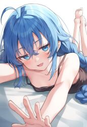  ai-generated barefoot black_dress blue_eyes blue_hair blush dress feet looking_at_viewer lying mushoku_tensei non-web_source on_stomach ponytail roxy_migurdia toes 