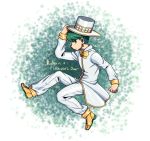  1boy adjusting_clothes adjusting_hat artist_name bow bowtie coat cosplay earrings from_side full_body green_eyes green_hair hat heaven&#039;s_door heaven&#039;s_door_(cosplay) jewelry jojo_no_kimyou_na_bouken kishibe_rohan male_focus octis solo top_hat 