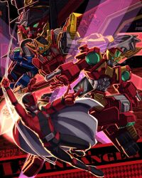  black_bodysuit bodysuit cape commentary english_commentary helmet highres kaitou_sentai_lupinranger_vs._keisatsu_sentai_patranger lupin_magnum lupinred male_focus mecha red_bodysuit red_cape red_helmet robot skaphel super_sentai swinging_on_rope tokusatsu two-sided_cape two-sided_fabric 