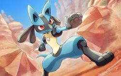  1other black_hair body_fur clenched_hand closed_mouth commentary_request day furry lucario other_focus outstretched_arm pokemon pokemon_(creature) pokemon_focus red_eyes rock smile solo spikes standing tail wataame_(tulip) 