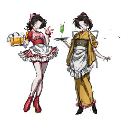  2girls absurdres alcohol beer beer_mug bow brown_hair commentary_request cup gloves highres holding holding_cup holding_tray japanese_clothes kimono maid meitantei_conan mouri_ran mug multiple_girls open_mouth pink_bow pink_gloves ponytail tkc_(tkoshinchan) tooyama_kazuha tray wa_maid waitress waving yellow_kimono 