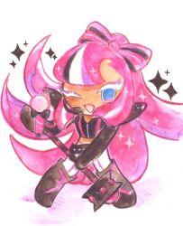  1girl belt blush boots bow cookie_run cookie_run:_ovenbreak cropped_jacket eyelashes eyeshadow glitter glitter_in_hair hair_bow headset highres holding holding_microphone holding_microphone_stand makeup microphone microphone_stand one_eye_closed pants shining_glitter_cookie shuragi smile white_background 