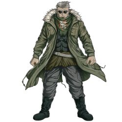  1boy beard black_boots boots clenched_hands coat facial_hair frown full_body fur-trimmed_coat fur_trim green_coat grey_pants looking_at_viewer male_focus official_art pants saigo_roku short_hair solo sunglasses transparent_background tribe_nine white_hair 